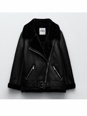 Zara Black Faux-Shearling Moto Jacket